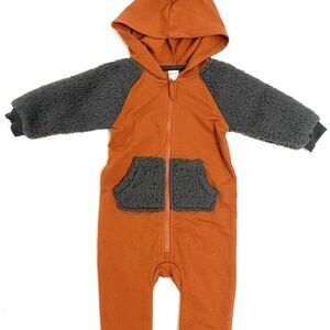 NWT - Petit Lem Boys' PL Baby Hooded Coverall Knit, Rust with Gray Sherpa, 24M